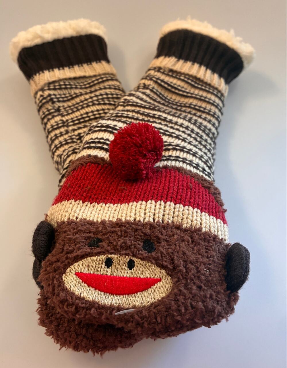 New Cozy Sherpa Fleece-Lined Sock Monkey Slipper | Knit Cabin Reading Socks OS